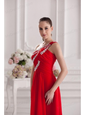 Empire One Shoulder Floor-length Beading Red Prom Dress