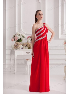 Empire One Shoulder Floor-length Beading Red Prom Dress