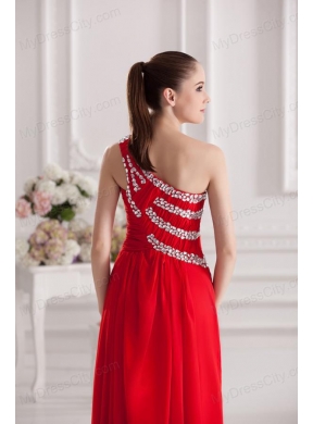 Empire One Shoulder Floor-length Beading Red Prom Dress