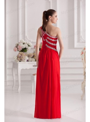 Empire One Shoulder Floor-length Beading Red Prom Dress