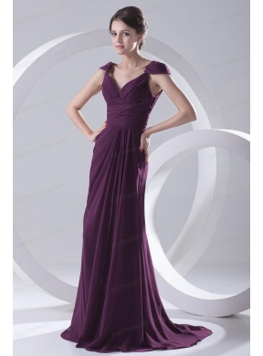 Empire Purple Ruching Straps Cap Sleeves Dresses for Prom