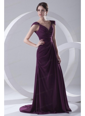 Empire Purple Ruching Straps Cap Sleeves Dresses for Prom