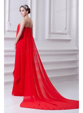 Empire Red Strapless Beading Chiffon Watteau Train Prom Dress