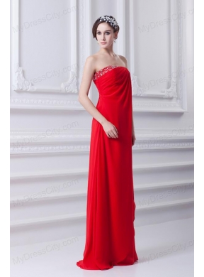 Empire Red Strapless Beading Chiffon Watteau Train Prom Dress