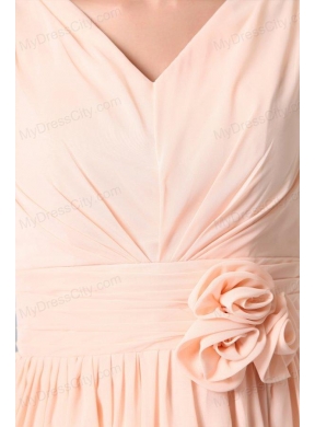 Empire V-neck Champagne Hand Made Flower and Ruching Short Prom Dress