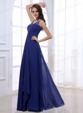 Empire V-neck Floor-length Chiffon Beading Blue Prom Dress