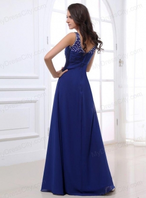 Empire V-neck Floor-length Chiffon Beading Blue Prom Dress