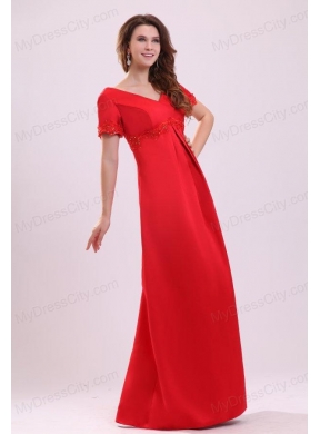 Empire V-neck Short Sleeves Appliques Satin Prom Dress in Red