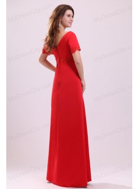 Empire V-neck Short Sleeves Appliques Satin Prom Dress in Red