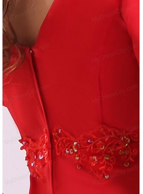 Empire V-neck Short Sleeves Appliques Satin Prom Dress in Red