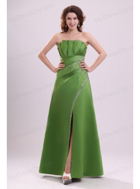 Green Column Strapless Satin Beading Prom Dress with Lace Up