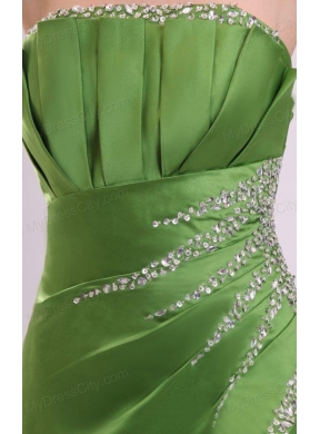 Green Column Strapless Satin Beading Prom Dress with Lace Up