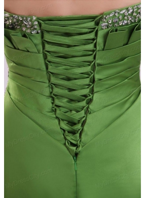 Green Column Strapless Satin Beading Prom Dress with Lace Up