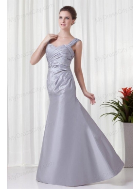 Grey Column Straps Taffeta Beading and Ruching Prom Dress