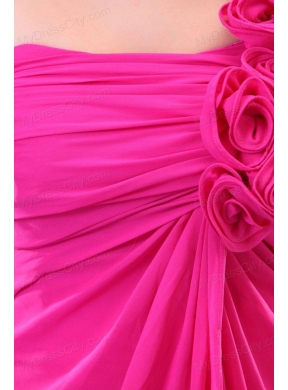 Hot Pink Hand Made Flowers and Ruching One Shoulder Prom Dress