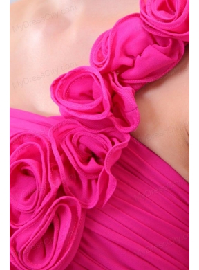 Hot Pink Hand Made Flowers and Ruching One Shoulder Prom Dress