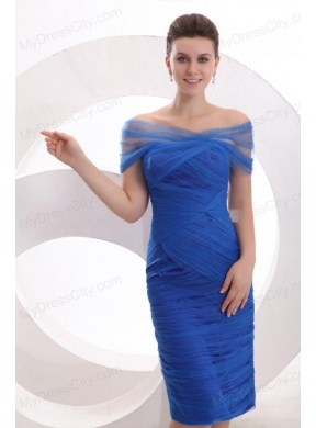 Knee-length Column Off The Shoulder Prom Dress in Blue