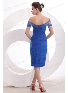 Knee-length Column Off The Shoulder Prom Dress in Blue