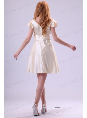 Light Yellow V-neck Cap Sleeves Bow Ruching Prom Dress