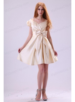 Light Yellow V-neck Cap Sleeves Bow Ruching Prom Dress