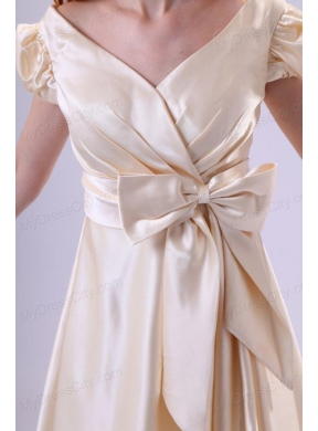 Light Yellow V-neck Cap Sleeves Bow Ruching Prom Dress