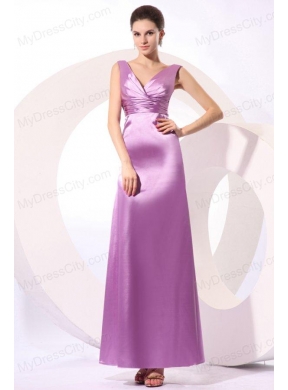 Lilac Column V-neck Fitted Ruching Ankle-length Prom Dress