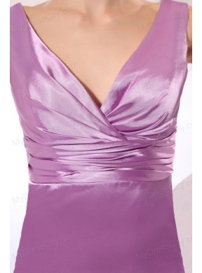 Lilac Column V-neck Fitted Ruching Ankle-length Prom Dress