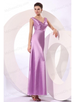 Lilac Column V-neck Fitted Ruching Ankle-length Prom Dress