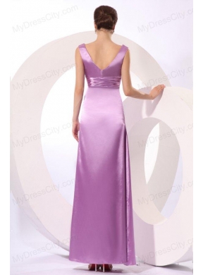 Lilac Column V-neck Fitted Ruching Ankle-length Prom Dress