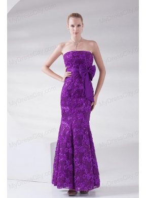 Mermaid Eggplant Purple Strapless Lace Sashes Ankle-length Prom Dress