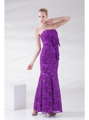 Mermaid Eggplant Purple Strapless Lace Sashes Ankle-length Prom Dress