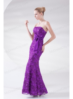 Mermaid Eggplant Purple Strapless Lace Sashes Ankle-length Prom Dress