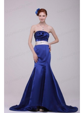 Mermaid Strapless Brush Train Navy Blue Taffeta Sashes Prom Dress