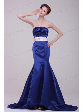 Mermaid Strapless Brush Train Navy Blue Taffeta Sashes Prom Dress