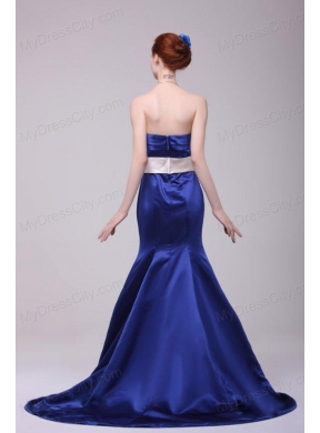 Mermaid Strapless Brush Train Navy Blue Taffeta Sashes Prom Dress