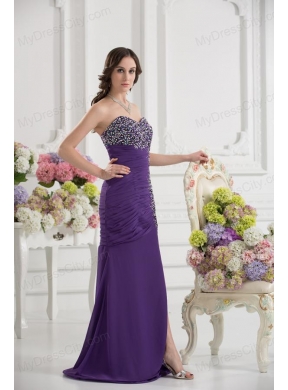 Mermaid Sweetheart Chiffon Beading Ruching Purple Prom Dress