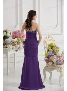 Mermaid Sweetheart Chiffon Beading Ruching Purple Prom Dress