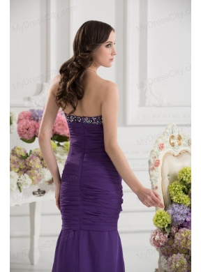 Mermaid Sweetheart Chiffon Beading Ruching Purple Prom Dress