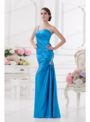 One Shoulder Column Ruching and Appliques Teal Prom Dress