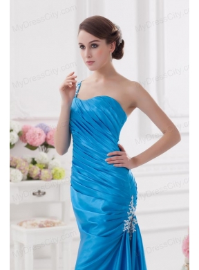 One Shoulder Column Ruching and Appliques Teal Prom Dress