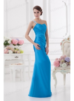 One Shoulder Column Ruching and Appliques Teal Prom Dress