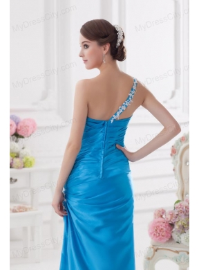 One Shoulder Column Ruching and Appliques Teal Prom Dress