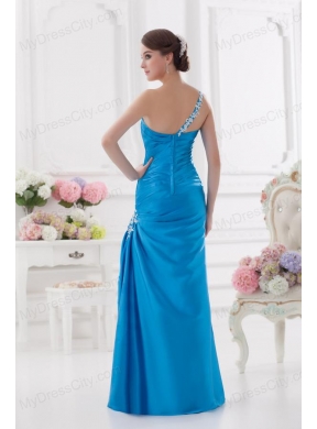 One Shoulder Column Ruching and Appliques Teal Prom Dress