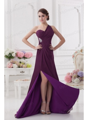 One Shoulder Empire Ruching and High Slit Backless Prom Dress