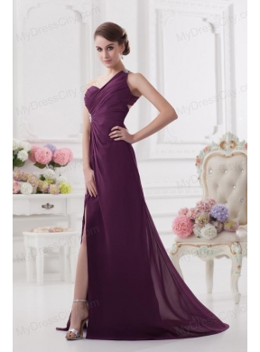 One Shoulder Empire Ruching and High Slit Backless Prom Dress