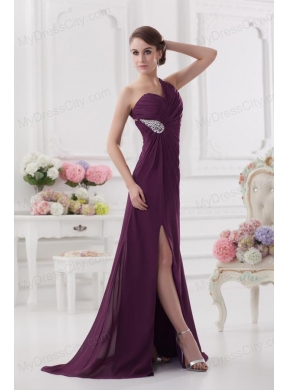 One Shoulder Empire Ruching and High Slit Backless Prom Dress