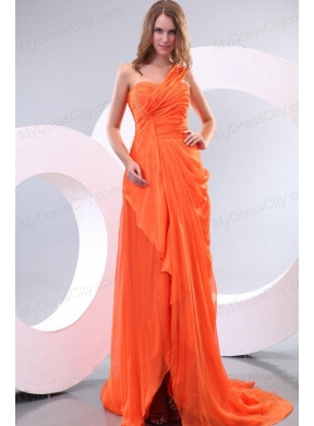 Orange Red One Shoulder Beading and Ruche Prom Dress with Court Train