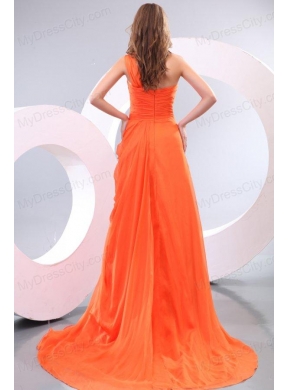 Orange Red One Shoulder Beading and Ruche Prom Dress with Court Train