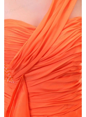 Orange Red One Shoulder Beading and Ruche Prom Dress with Court Train