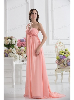 Peach Empire Brush Train Prom Dress with Ruching and Appliques